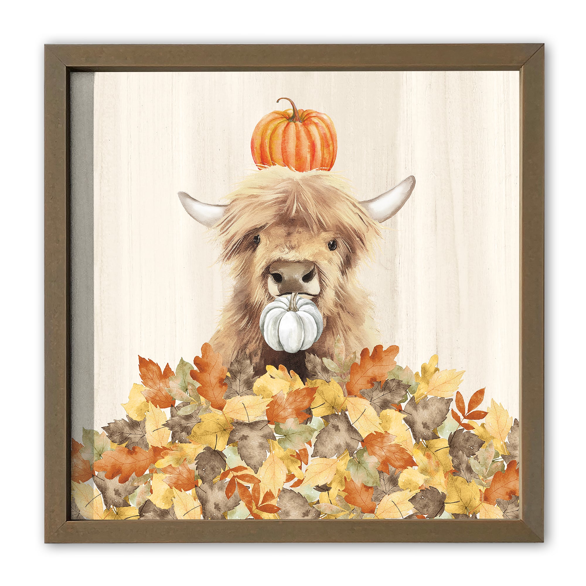 Autumn Cow Leaf Pile 16" x 16" Brown Framed Print